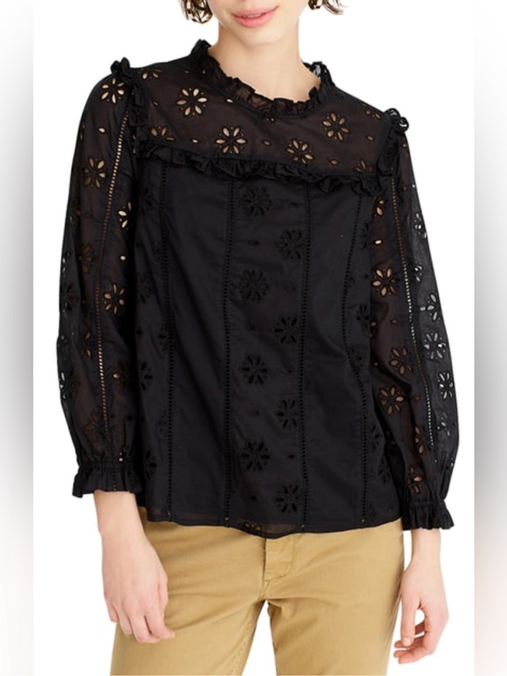 J. Crew Black Eyelet Lace Long-Sleeve Ruffle Neck Cottagecore Feminine Top- XS